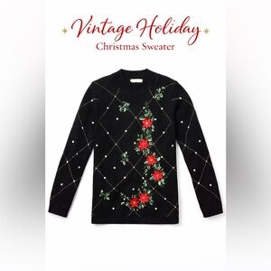 Vintage B.D. Design Poinsettia Christmas Sweater Black Embroidered Size M